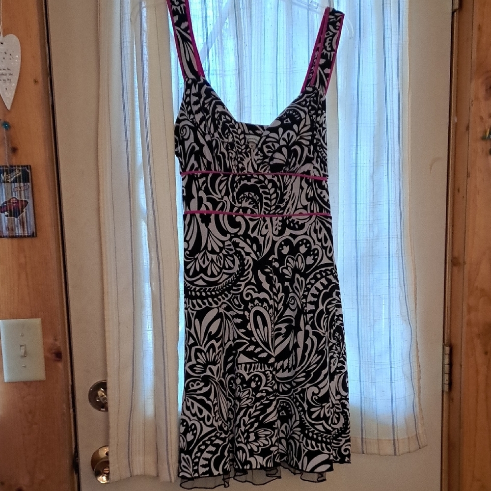 Black and White Patterned Dress with Pink Accents